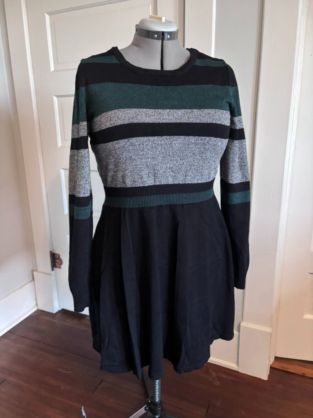 By & By Striped Knit Long Sleeve Sweater Dress Black Green & Grey, size XXL